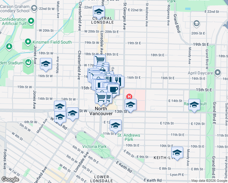 map of restaurants, bars, coffee shops, grocery stores, and more near in North Vancouver