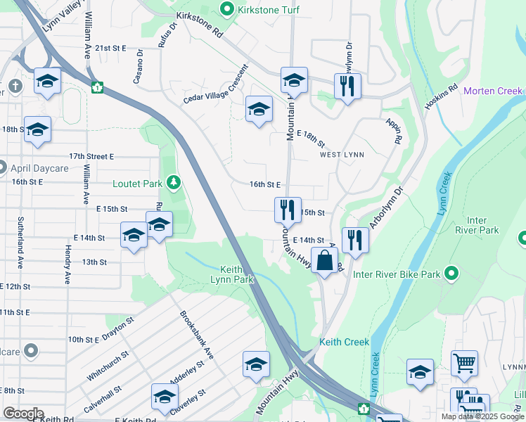 map of restaurants, bars, coffee shops, grocery stores, and more near 1190 15th Street East in North Vancouver