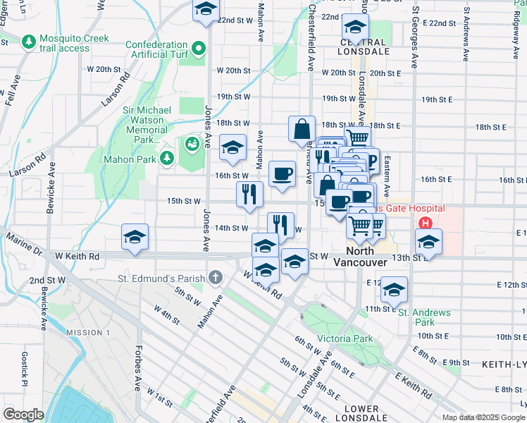map of restaurants, bars, coffee shops, grocery stores, and more near 1434 Mahon Avenue in North Vancouver