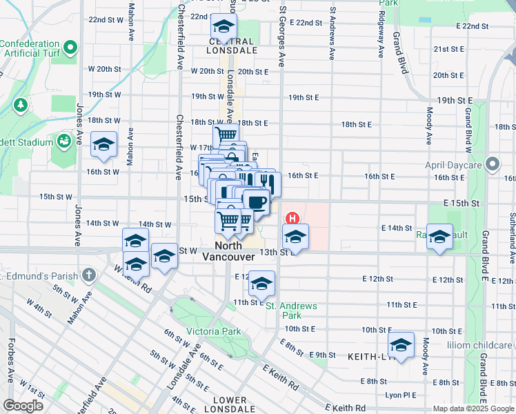 map of restaurants, bars, coffee shops, grocery stores, and more near in North Vancouver