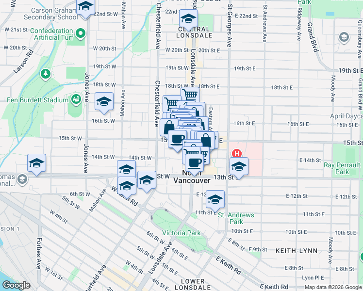 map of restaurants, bars, coffee shops, grocery stores, and more near in North Vancouver