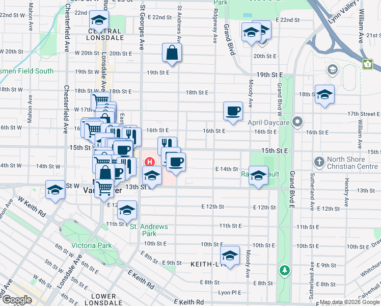 map of restaurants, bars, coffee shops, grocery stores, and more near 319 East 15th Street in North Vancouver