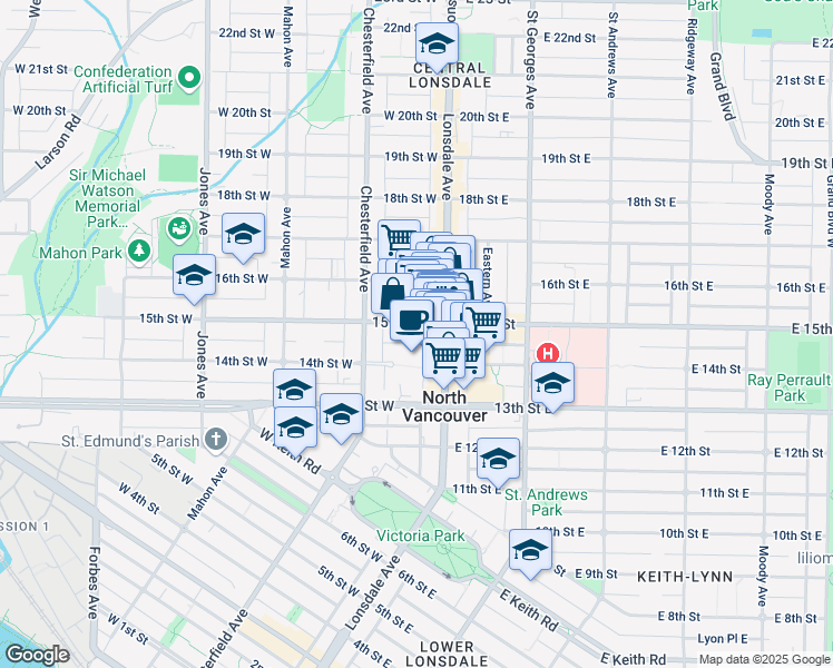 map of restaurants, bars, coffee shops, grocery stores, and more near in North Vancouver
