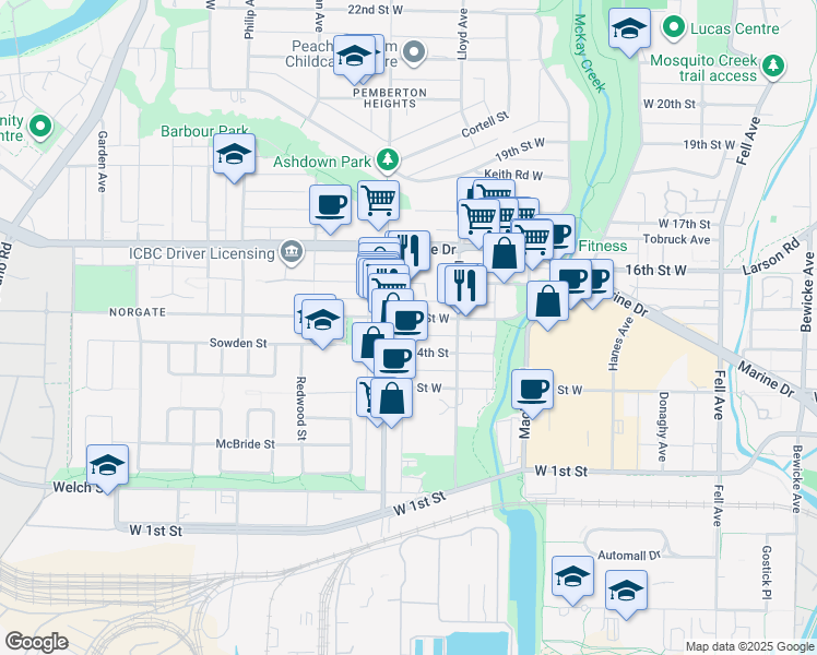 map of restaurants, bars, coffee shops, grocery stores, and more near 1171 West 14th Street in North Vancouver