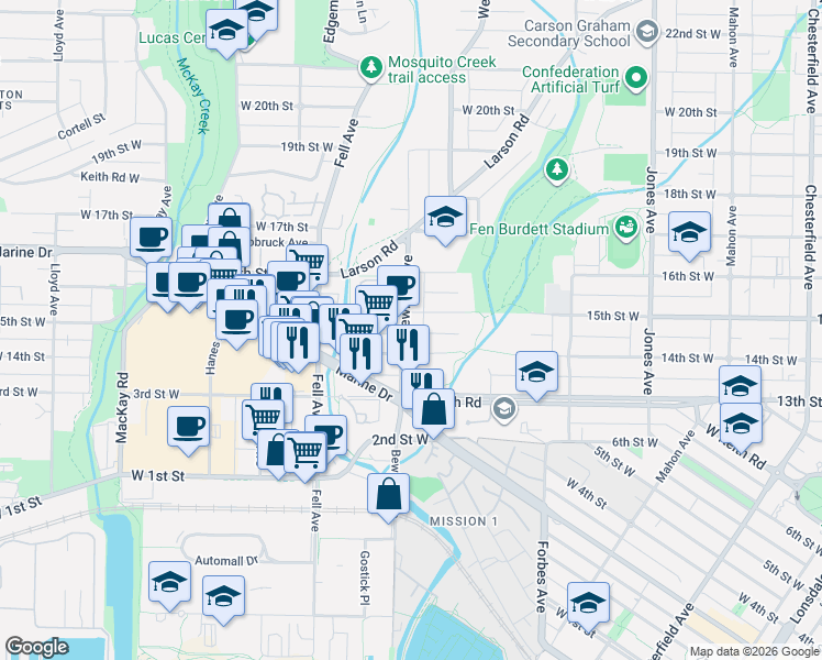 map of restaurants, bars, coffee shops, grocery stores, and more near 1436 Bewicke Avenue in North Vancouver