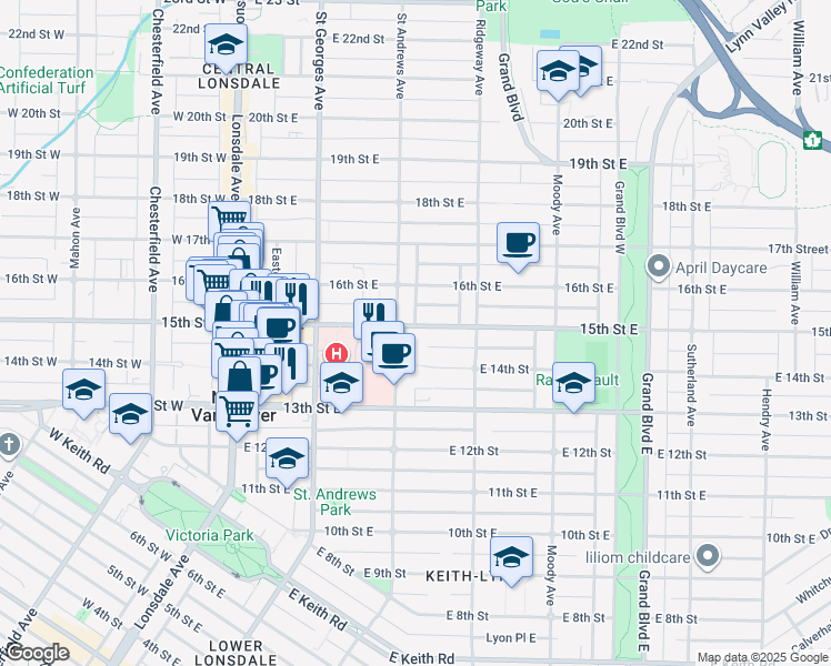 map of restaurants, bars, coffee shops, grocery stores, and more near 311 15th Street East in North Vancouver