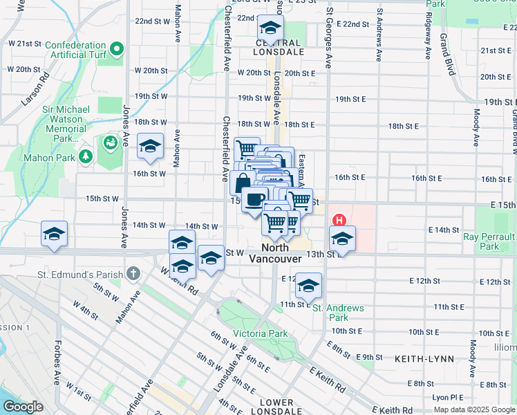 map of restaurants, bars, coffee shops, grocery stores, and more near 121 15th Street West in North Vancouver