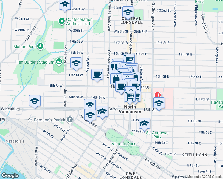 map of restaurants, bars, coffee shops, grocery stores, and more near 1450 Chesterfield Avenue in North Vancouver