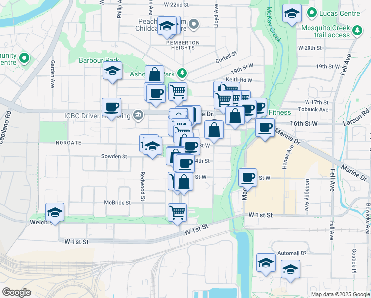map of restaurants, bars, coffee shops, grocery stores, and more near 1433-B Pemberton Avenue in North Vancouver