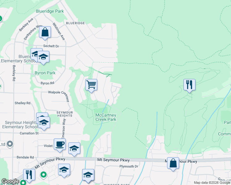 map of restaurants, bars, coffee shops, grocery stores, and more near Orkney Place in North Vancouver