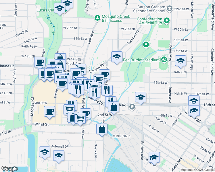 map of restaurants, bars, coffee shops, grocery stores, and more near 1436 Bewicke Avenue in North Vancouver