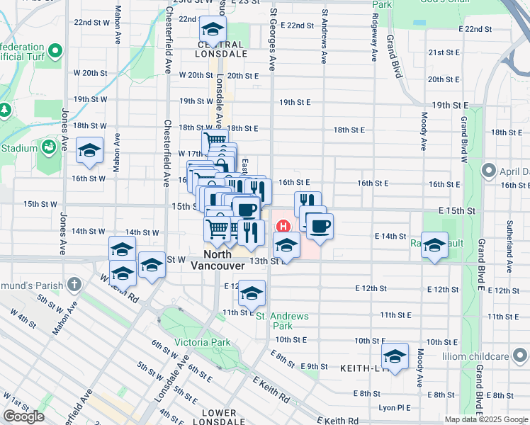 map of restaurants, bars, coffee shops, grocery stores, and more near 1441 Saint Georges Avenue in North Vancouver