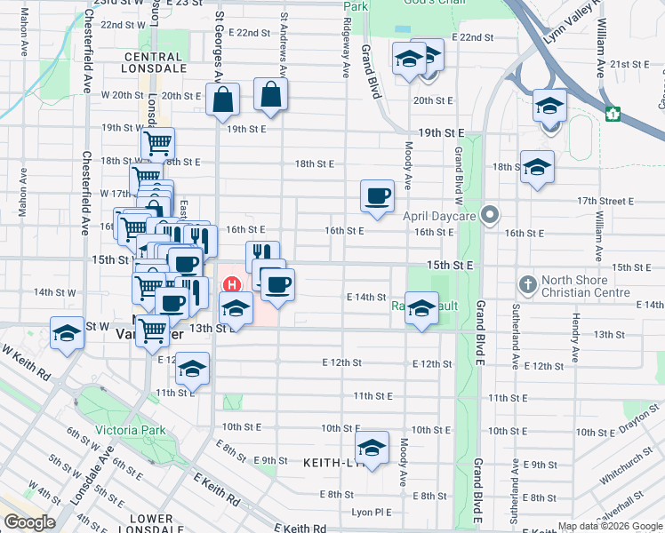 map of restaurants, bars, coffee shops, grocery stores, and more near 361 15th Street East in North Vancouver
