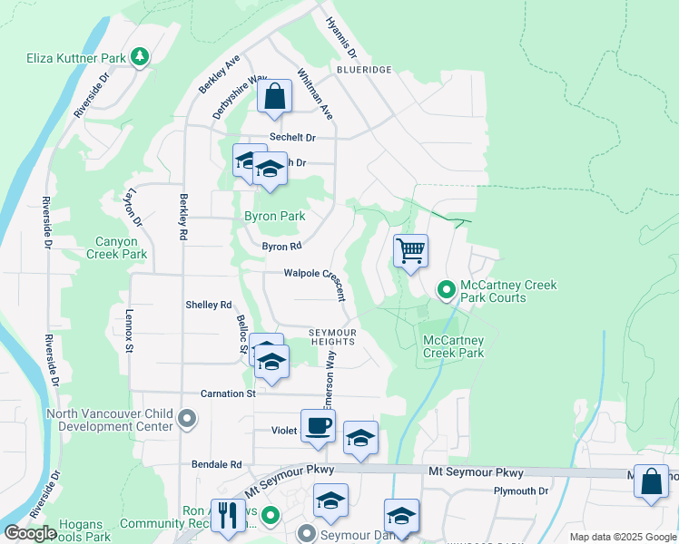 map of restaurants, bars, coffee shops, grocery stores, and more near 2730 Walpole Crescent in North Vancouver