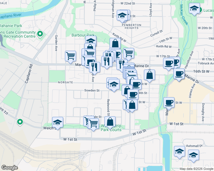 map of restaurants, bars, coffee shops, grocery stores, and more near 1315 15th Street West in North Vancouver