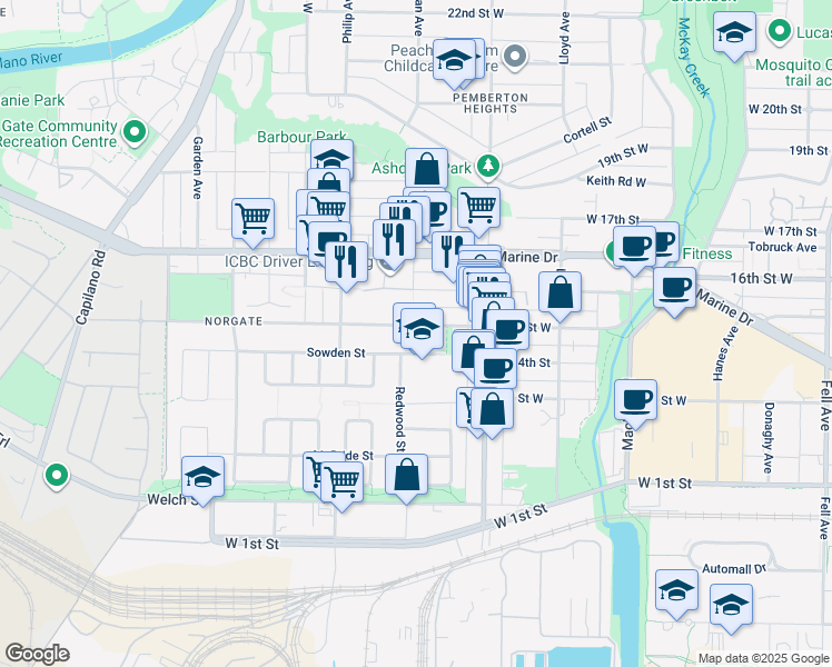 map of restaurants, bars, coffee shops, grocery stores, and more near 1287 15th Street West in North Vancouver