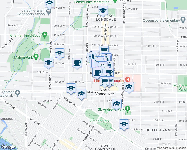 map of restaurants, bars, coffee shops, grocery stores, and more near in North Vancouver