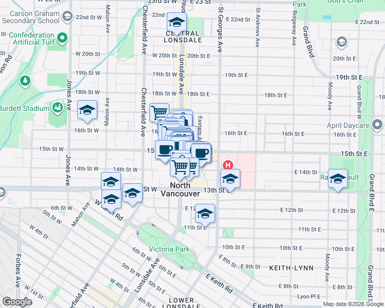 map of restaurants, bars, coffee shops, grocery stores, and more near 121 15th Street East in North Vancouver