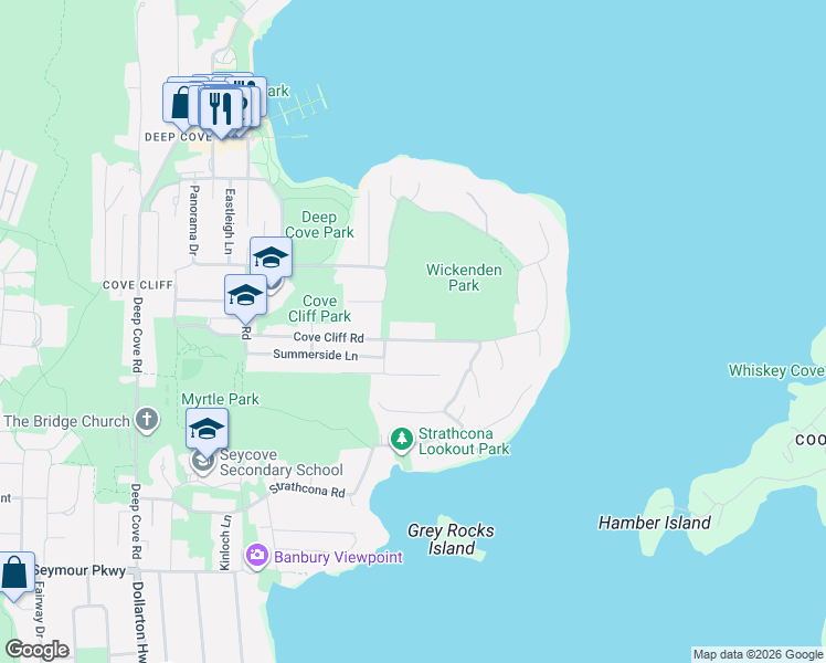 map of restaurants, bars, coffee shops, grocery stores, and more near 4646 Cove Cliff Road in North Vancouver