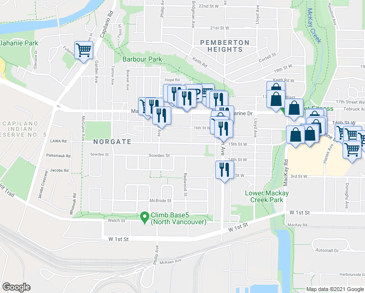 map of restaurants, bars, coffee shops, grocery stores, and more near 1315 15th Street West in North Vancouver