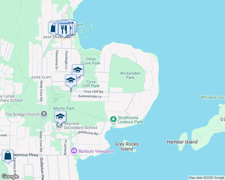 map of restaurants, bars, coffee shops, grocery stores, and more near 4622 Cove Cliff Road in North Vancouver