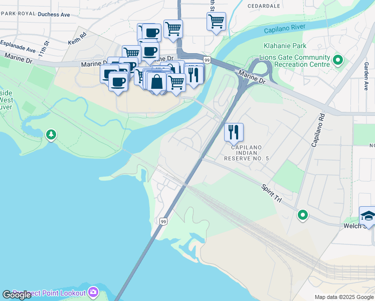 map of restaurants, bars, coffee shops, grocery stores, and more near 518 Tyee Court in West Vancouver