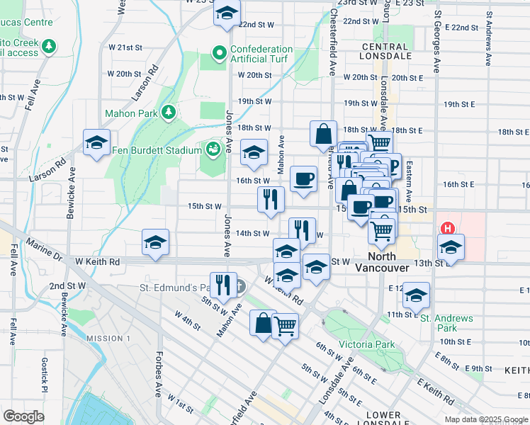 map of restaurants, bars, coffee shops, grocery stores, and more near 317 15th Street West in North Vancouver