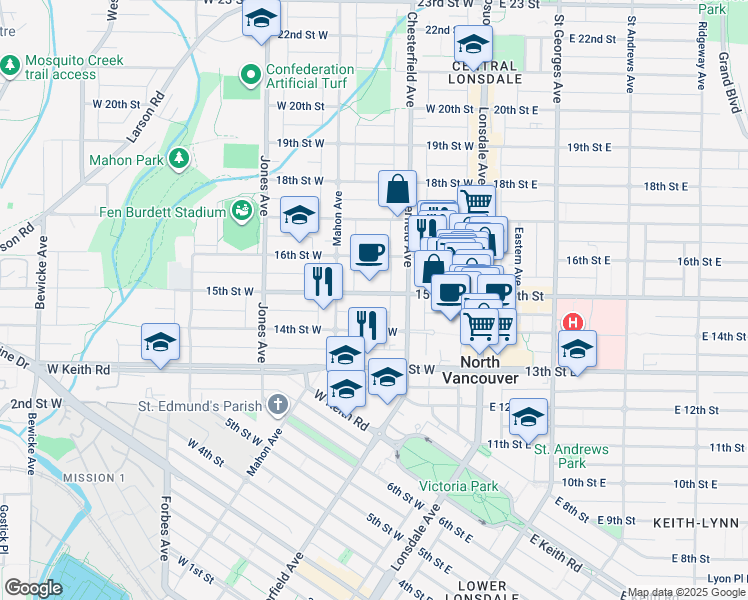 map of restaurants, bars, coffee shops, grocery stores, and more near 231 15th Street West in North Vancouver