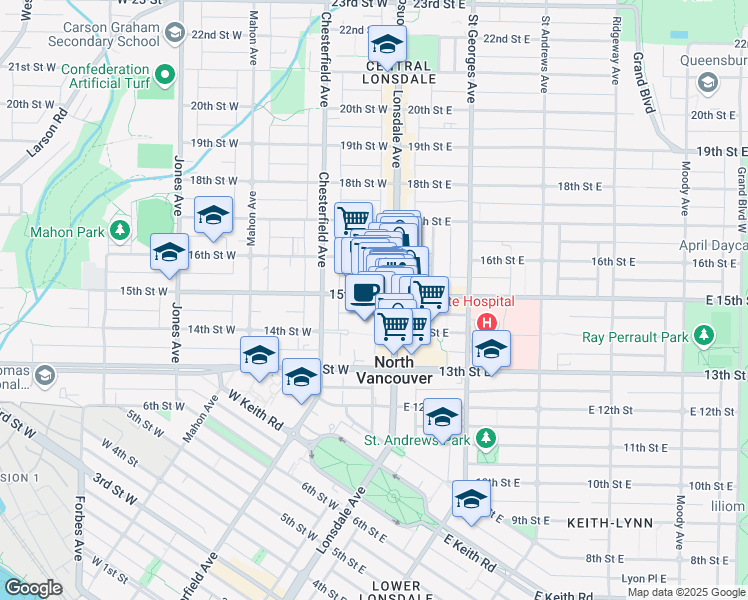 map of restaurants, bars, coffee shops, grocery stores, and more near 121 15th Street West in North Vancouver