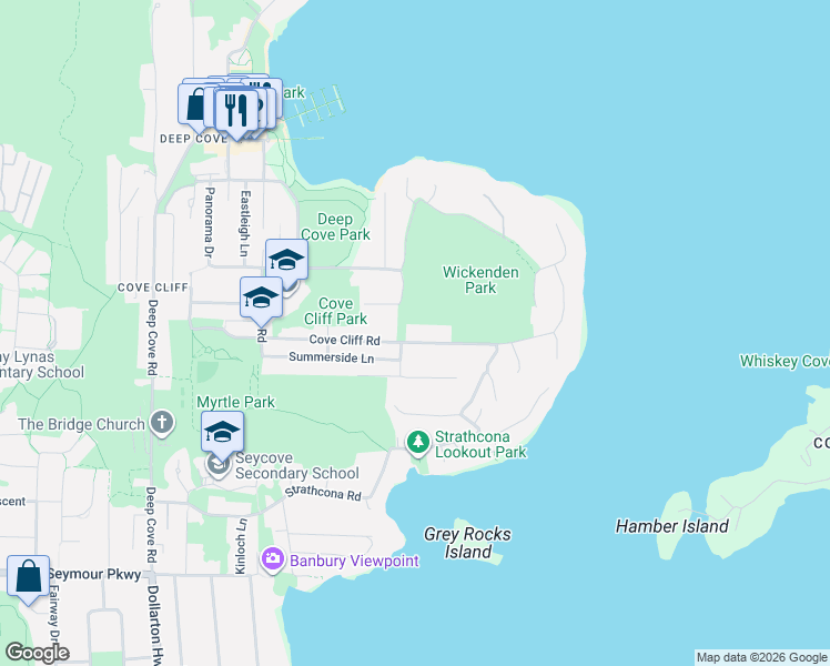 map of restaurants, bars, coffee shops, grocery stores, and more near 4622 Cove Cliff Road in North Vancouver