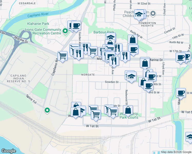 map of restaurants, bars, coffee shops, grocery stores, and more near 1605 15th Street West in North Vancouver