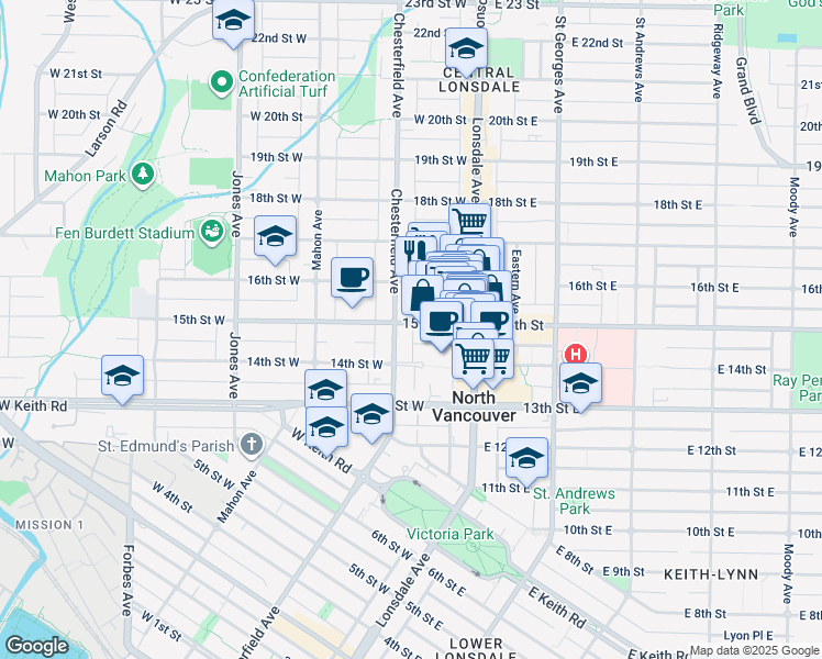map of restaurants, bars, coffee shops, grocery stores, and more near 1450 Chesterfield Avenue in North Vancouver