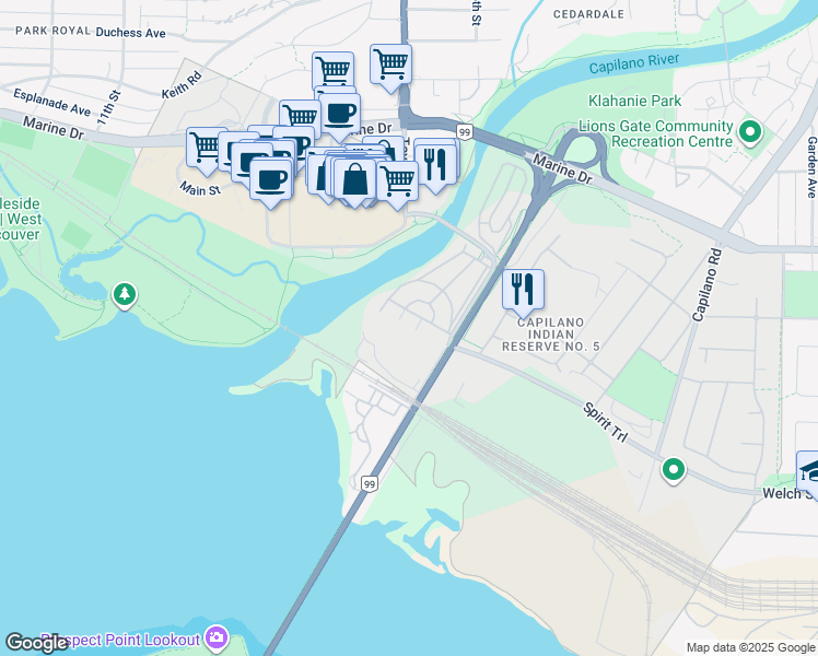 map of restaurants, bars, coffee shops, grocery stores, and more near 515 Tyee Court in West Vancouver