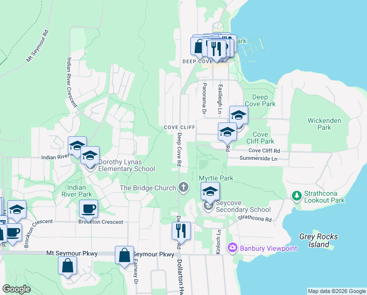 map of restaurants, bars, coffee shops, grocery stores, and more near 1682 Deep Cove Road in North Vancouver