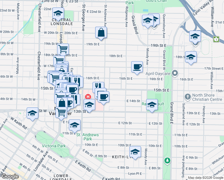map of restaurants, bars, coffee shops, grocery stores, and more near in North Vancouver