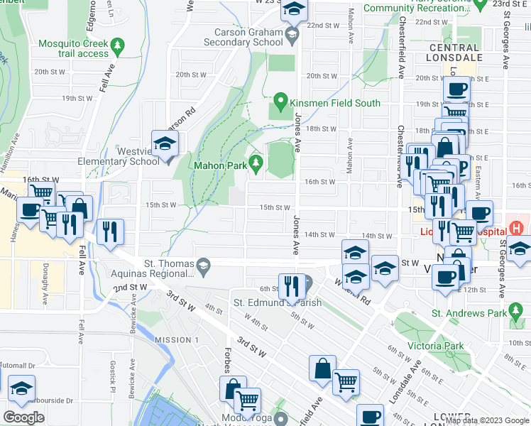 map of restaurants, bars, coffee shops, grocery stores, and more near 443 15th Street West in North Vancouver