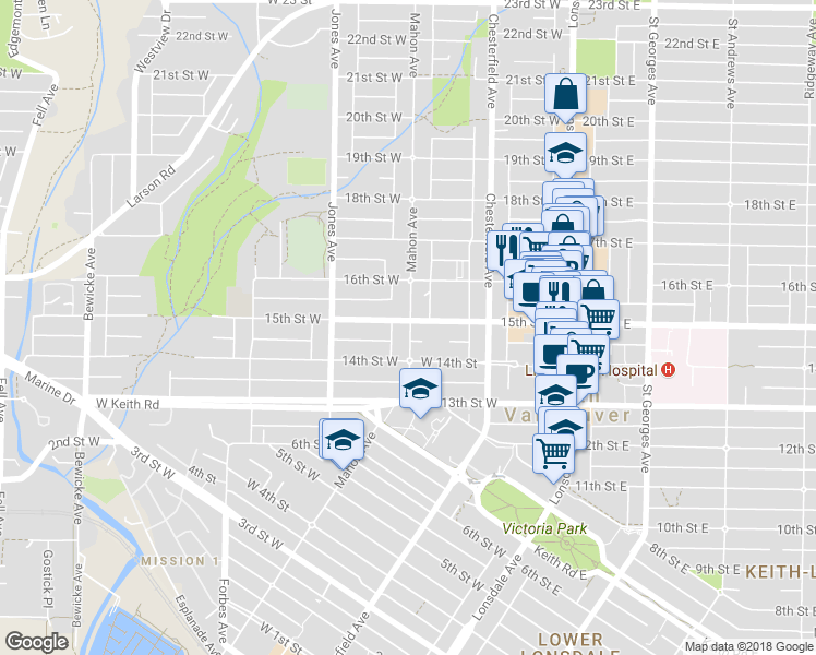 map of restaurants, bars, coffee shops, grocery stores, and more near 303 15th Street West in North Vancouver