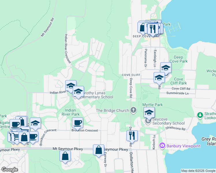 map of restaurants, bars, coffee shops, grocery stores, and more near 1500 Ostler Court in North Vancouver