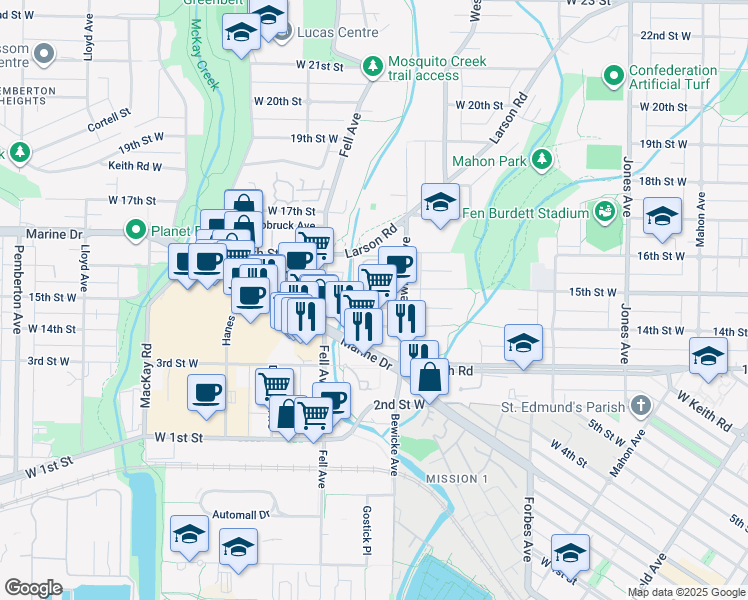 map of restaurants, bars, coffee shops, grocery stores, and more near 735 15th Street West in North Vancouver