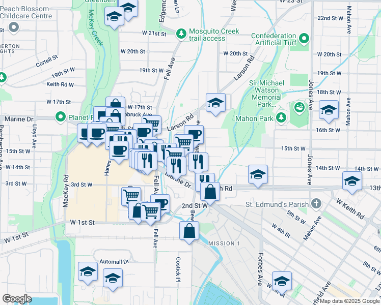 map of restaurants, bars, coffee shops, grocery stores, and more near in North Vancouver
