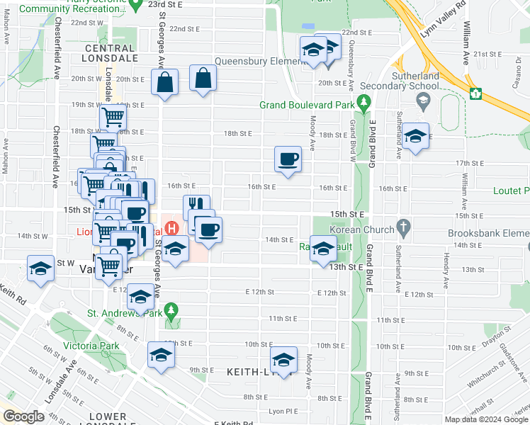 map of restaurants, bars, coffee shops, grocery stores, and more near 404 15th Street East in North Vancouver
