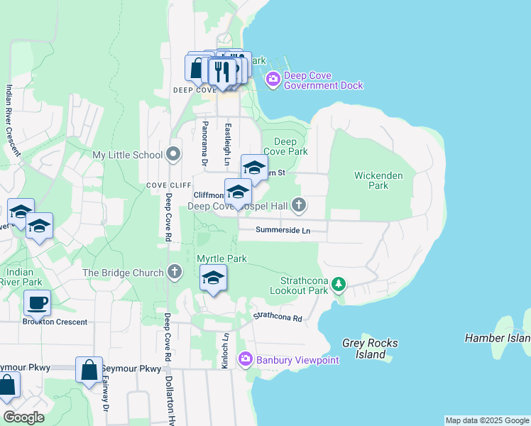map of restaurants, bars, coffee shops, grocery stores, and more near 4460 Cove Cliff Road in North Vancouver