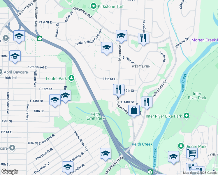 map of restaurants, bars, coffee shops, grocery stores, and more near 1190 15th Street East in North Vancouver