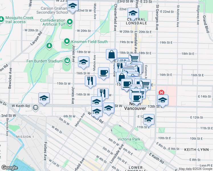 map of restaurants, bars, coffee shops, grocery stores, and more near 245 15th Street East in North Vancouver
