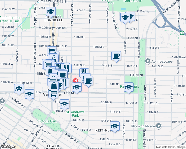 map of restaurants, bars, coffee shops, grocery stores, and more near 309 15th Street East in North Vancouver