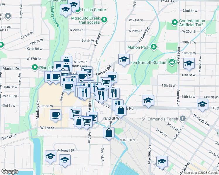 map of restaurants, bars, coffee shops, grocery stores, and more near in North Vancouver