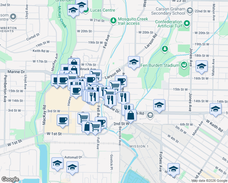 map of restaurants, bars, coffee shops, grocery stores, and more near in North Vancouver