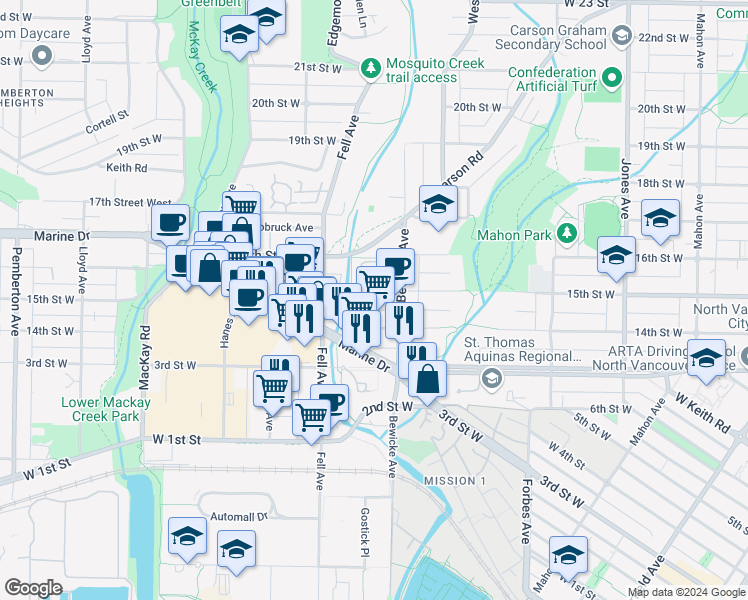 map of restaurants, bars, coffee shops, grocery stores, and more near in North Vancouver