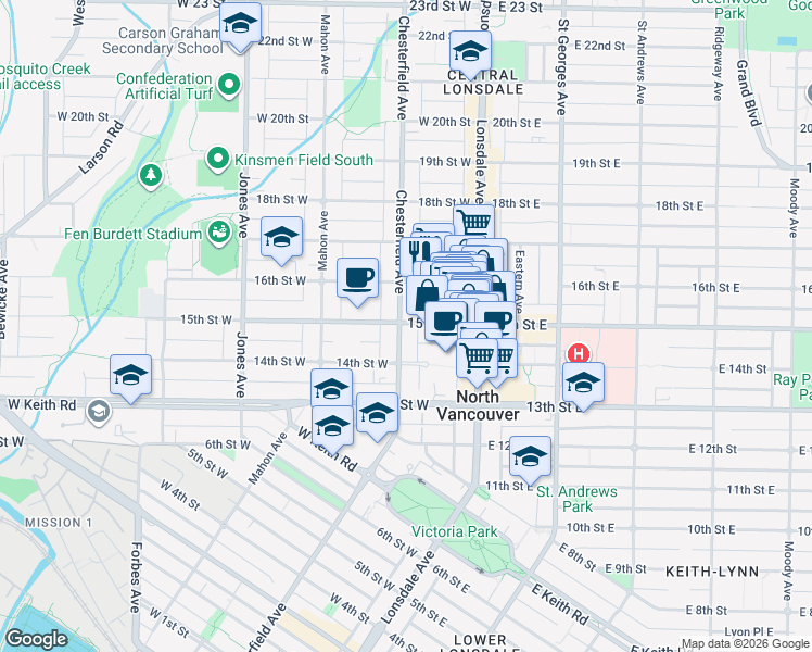 map of restaurants, bars, coffee shops, grocery stores, and more near in North Vancouver