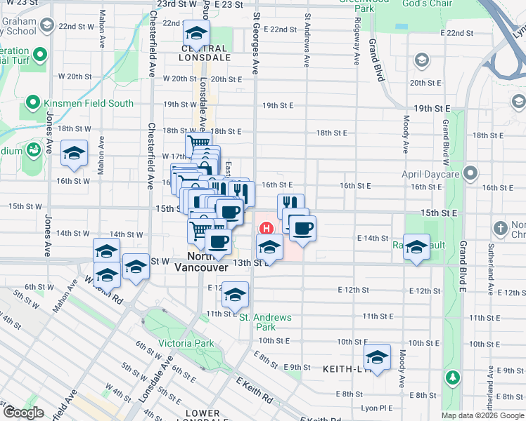 map of restaurants, bars, coffee shops, grocery stores, and more near 214 East 15th Street in North Vancouver